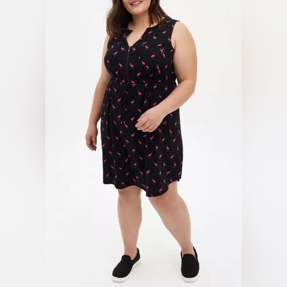 Torrid Mini Challis Zip-Front Shirt Dress Black Flamingo - Picture 3 of 12